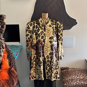 French Collizioni silk sequin leopard cheetah blazer Large vintage shoulder pads